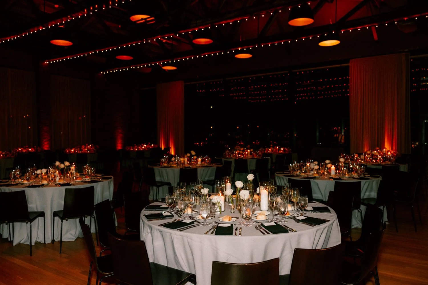 wedding reception table and decor photographed with flash at the roundhouse