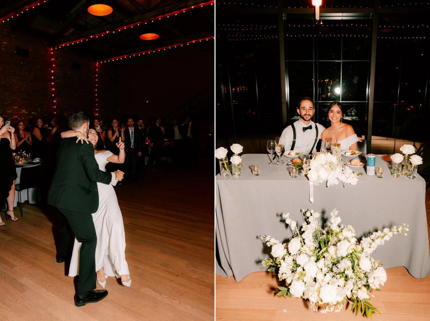 bride and groom sitting at sweetheart table during their wedding reception at the roundhouse