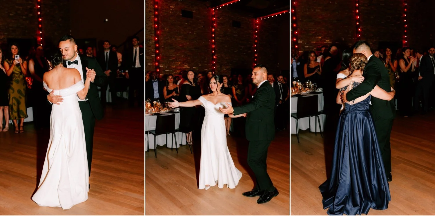 bride dances with her brother and her mother at the roundhouse
