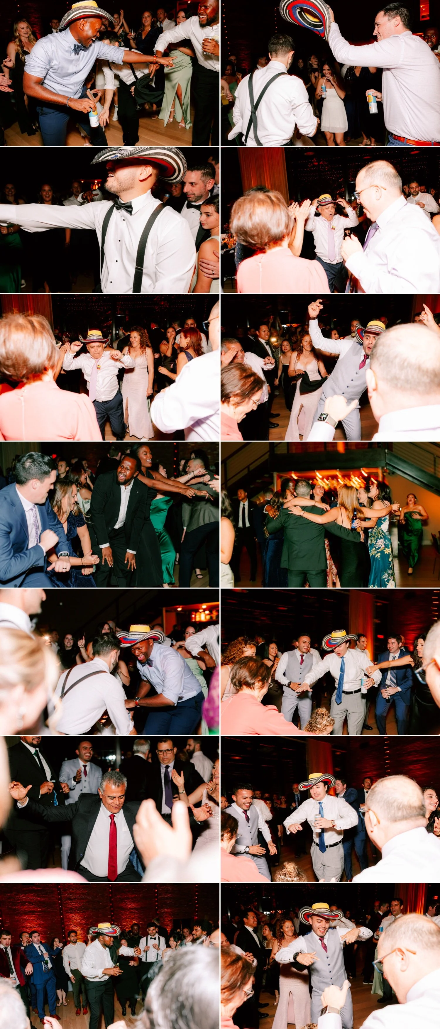 guests having fun and dancing with cowboy hat during wedding reception at the roundhouse