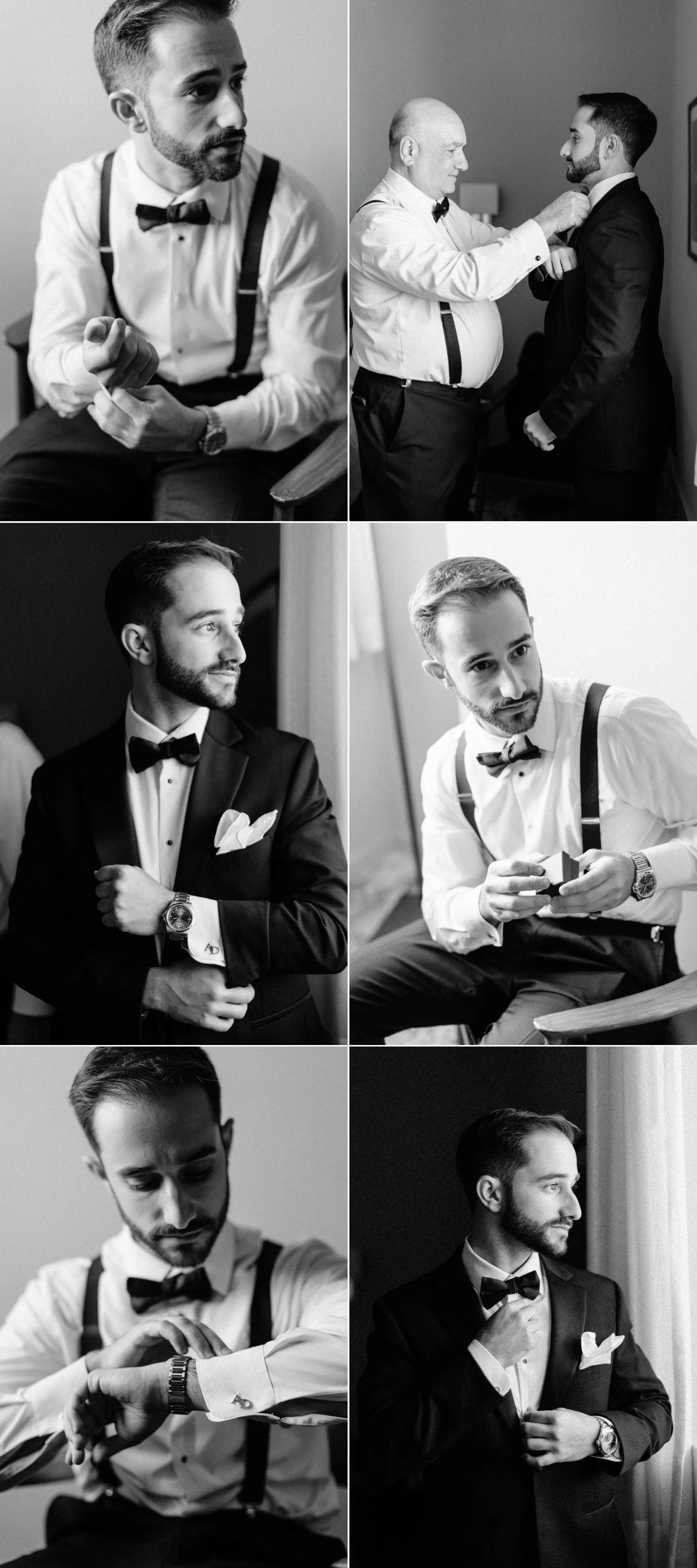black and white photographs of groom getting ready on his wedding day at the roundhouse