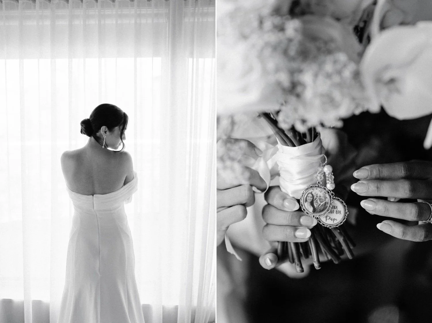 black and white photograph of bride in front of window and bouquet on wedding day at the roundhouse