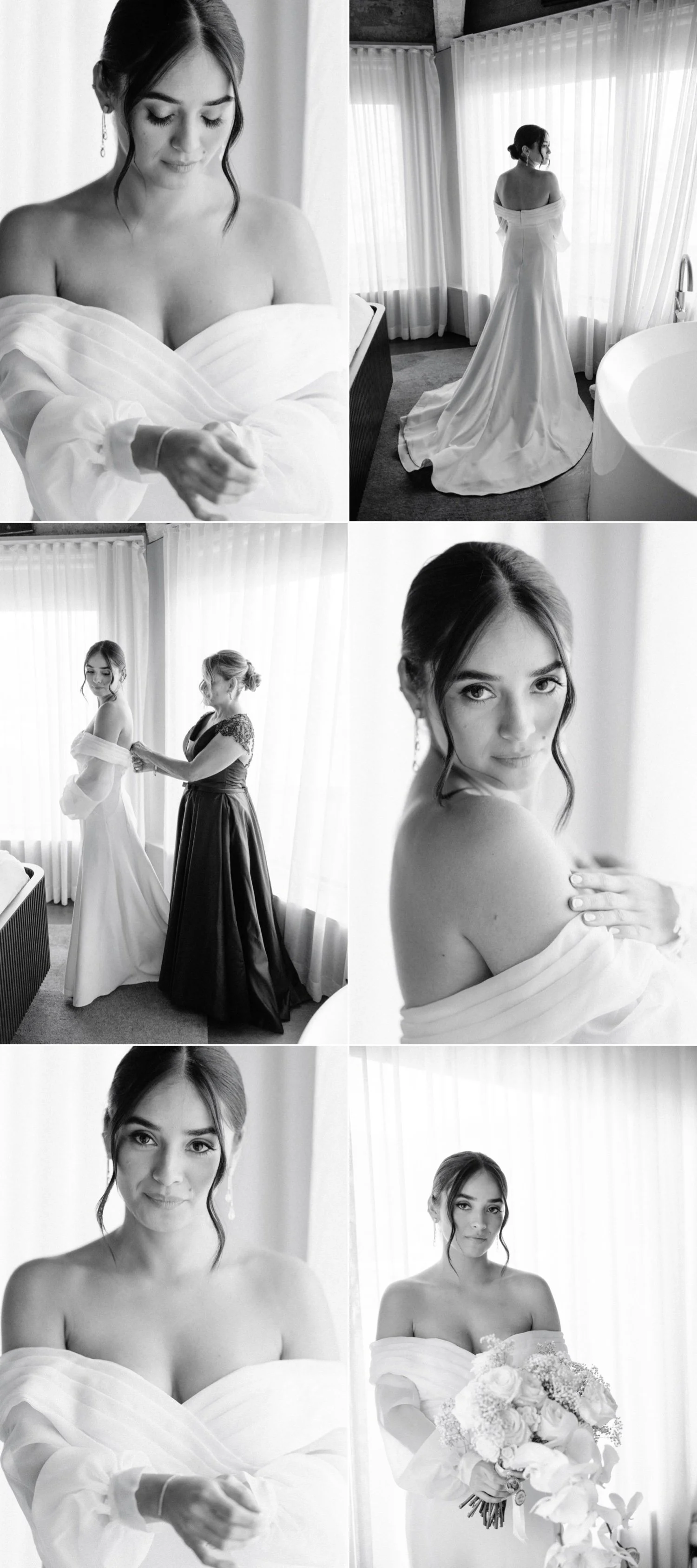 black and white photographs of bride getting ready in the penthouse on her wedding day at the roundhouse