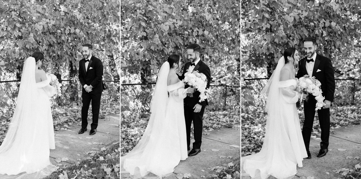 black and white documentary photograph of bride and groom during their wedding day first look at the roundhouse