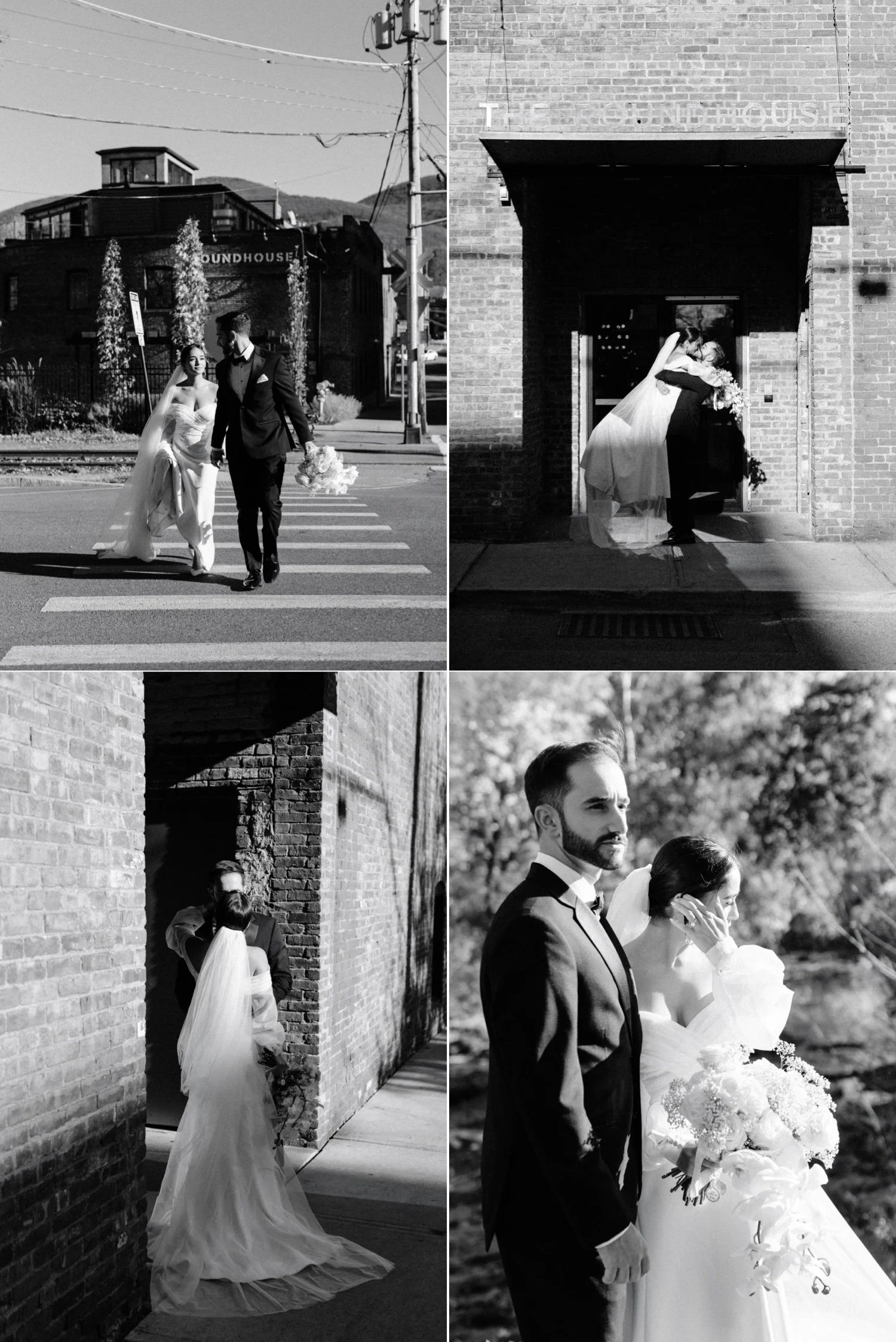documentary black and white photographs taken in direct sun around beacon ny on their wedding day at the roundhouse