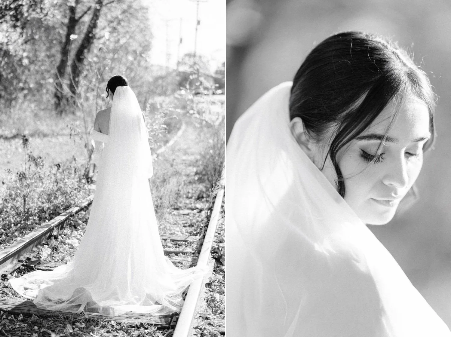 timeless black and white photographs of bride on railroad tracks on her wedding day at the roundhouse