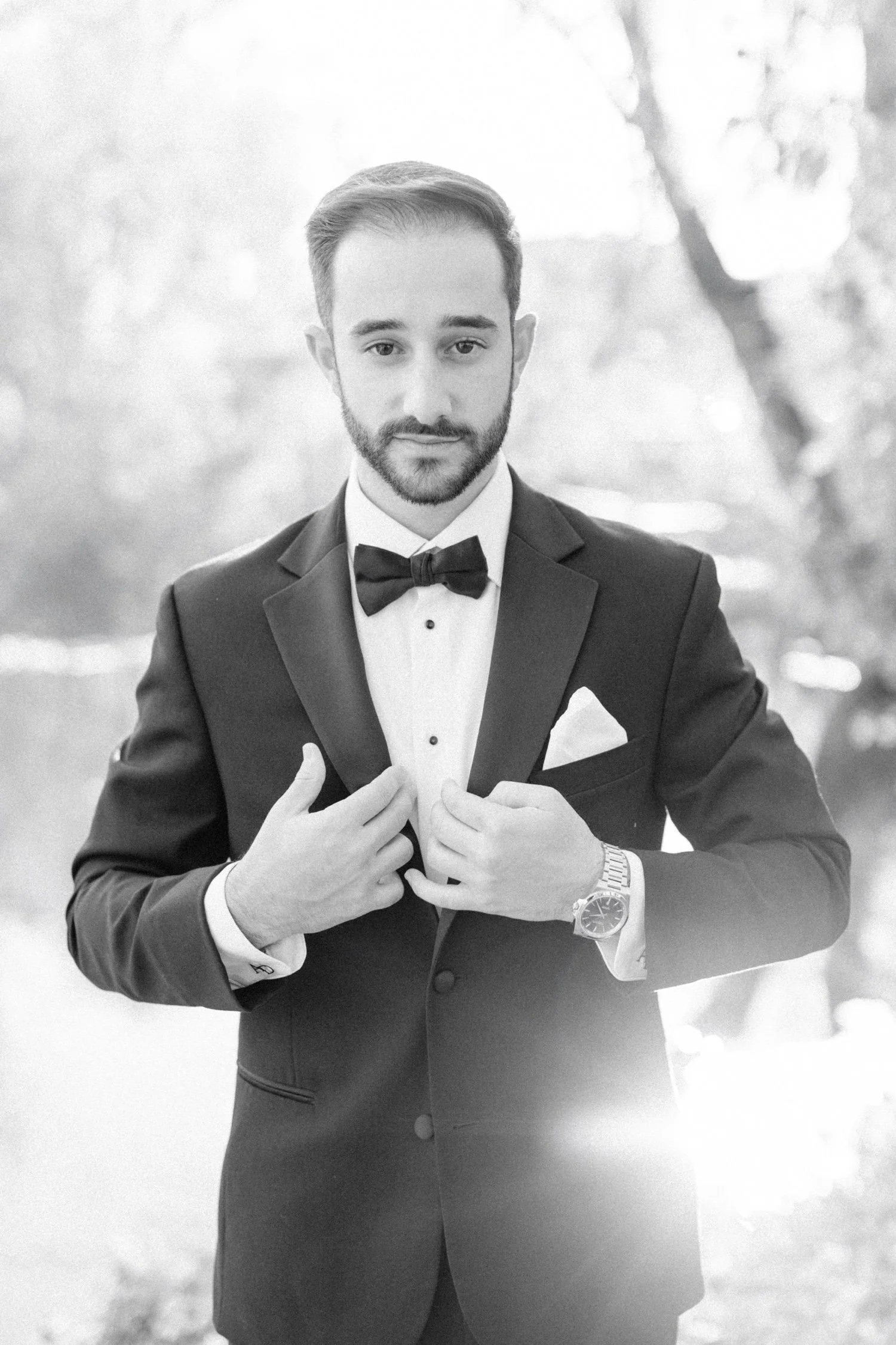 editorial black and white photograph of groom on wedding at the roundhouse