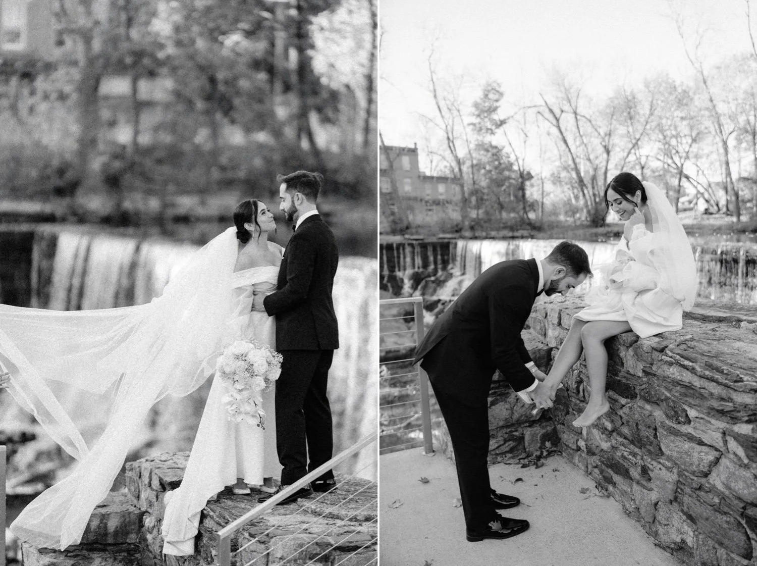 black and white photographs of couple in front of beacon falls on autumn wedding day at the roundhouse