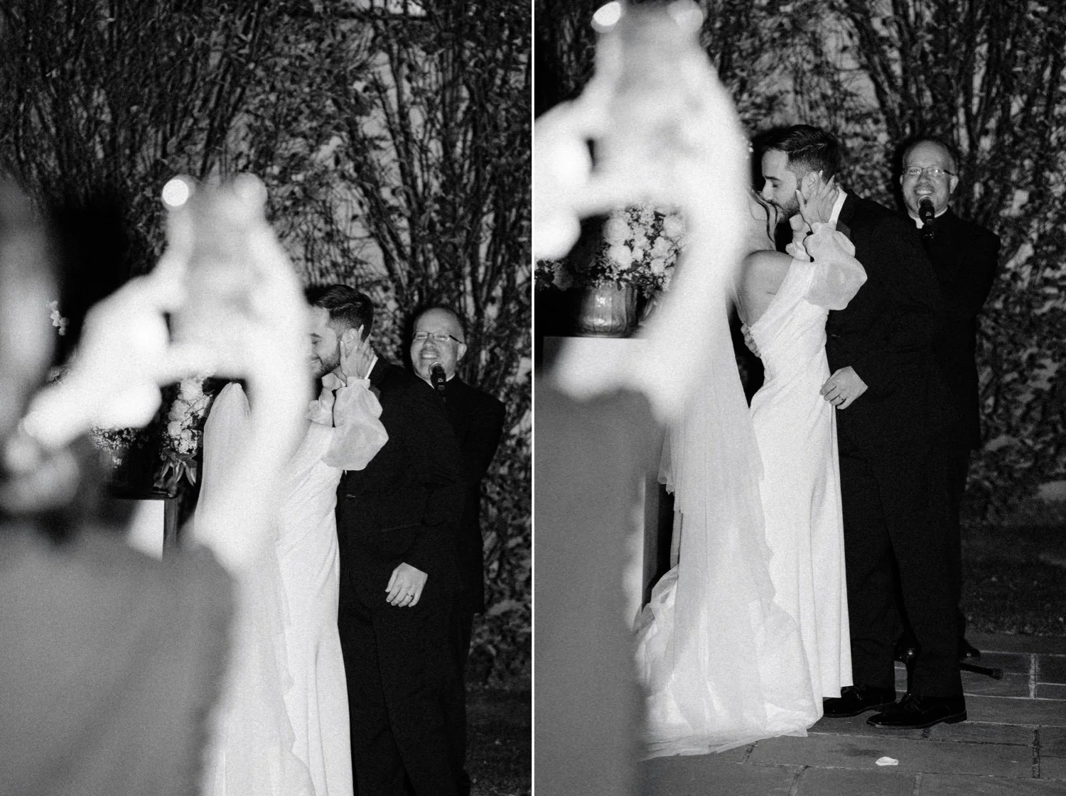 guest ignores unplugged ceremony signs and gets in front of photographer during wedding ceremony first kiss
