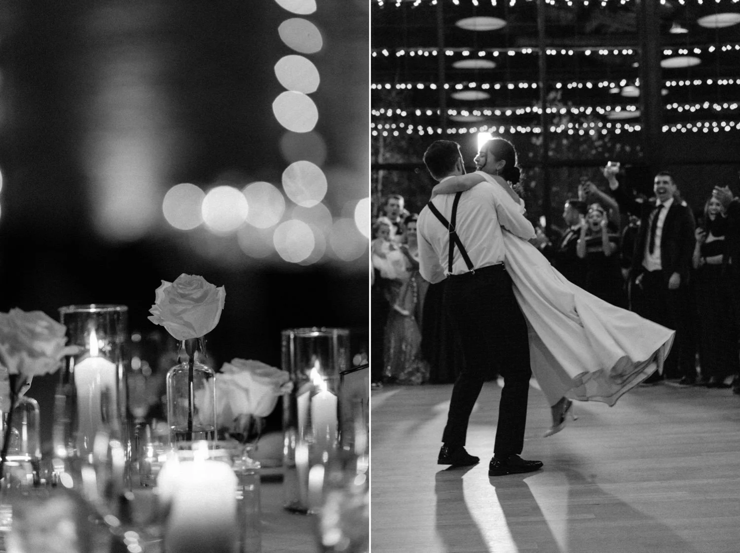 black and white photographs of white roses florals and first dance at the roundhouse