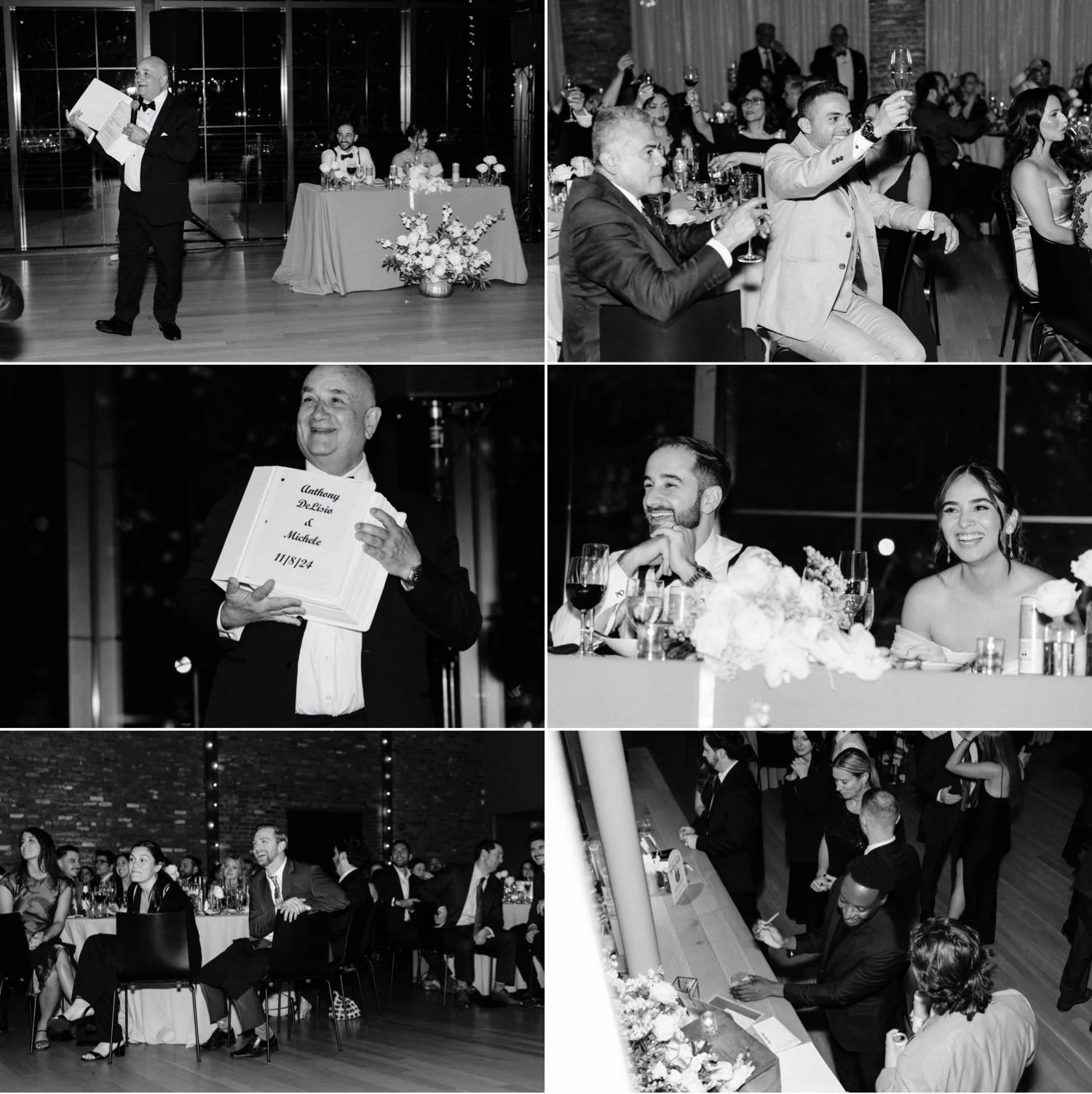 black and white photographs of wedding reception speeches at the roundhouse