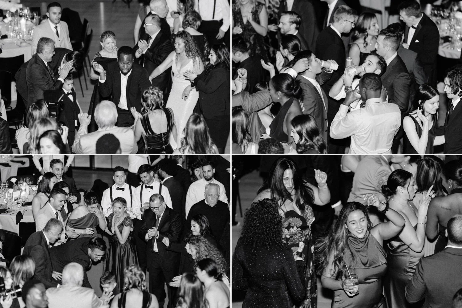 black and white documentary photographs of wedding guests dancing during reception at the roundhouse