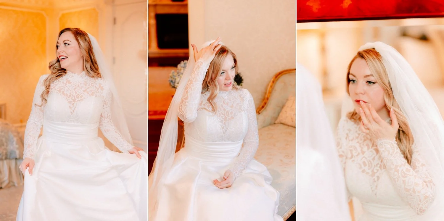 bride getting ready on her winter wedding day at the ashford estate