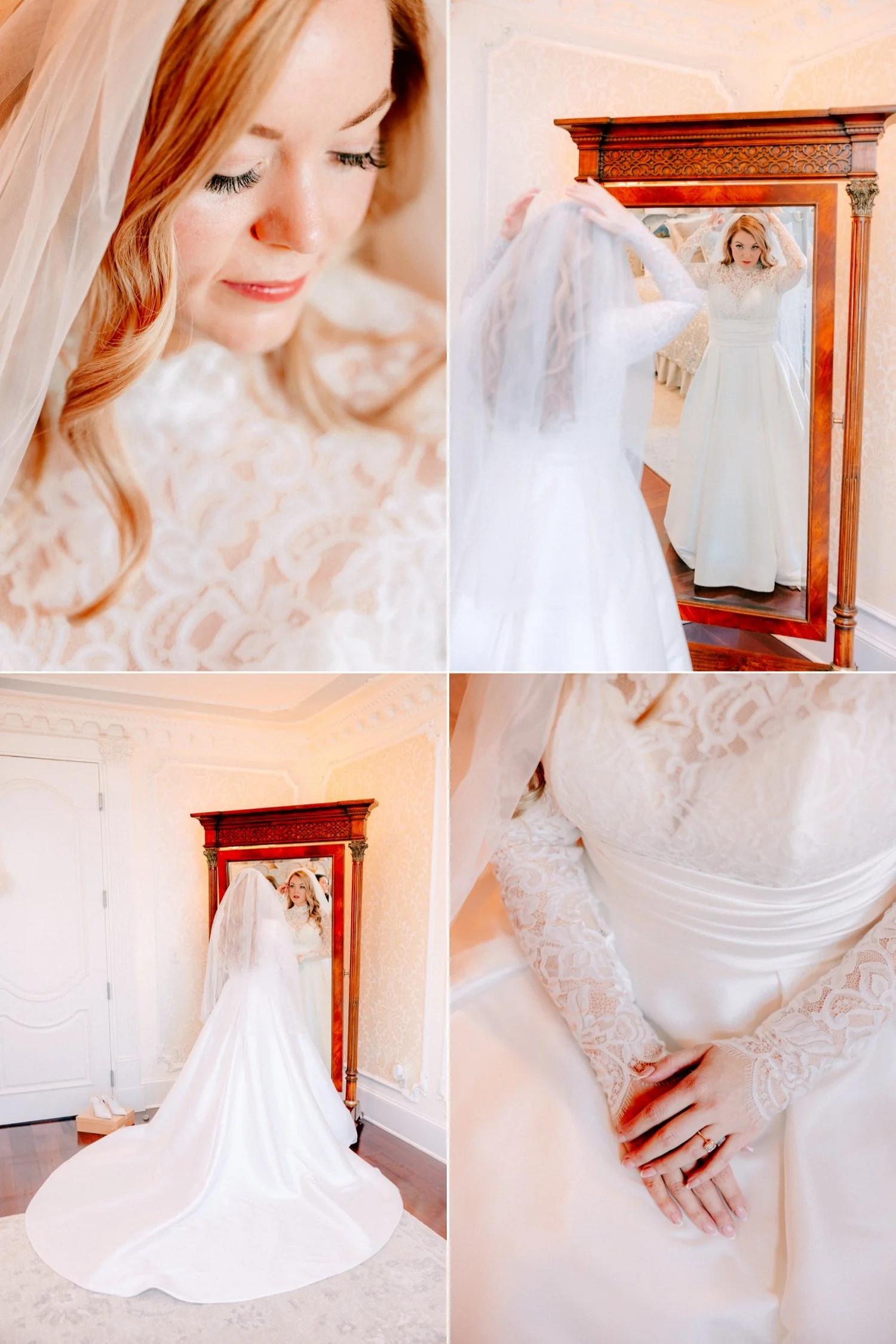 bride looking in mirror while getting ready for her winter wedding day at the ashford estate