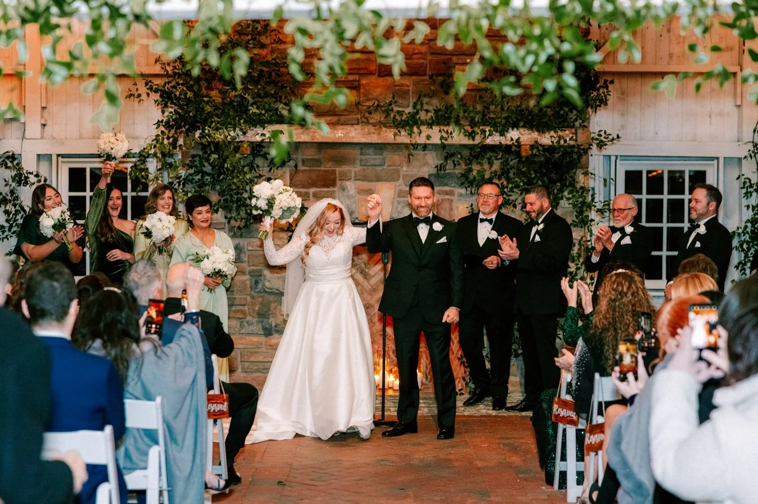 bride and groom celebrate just married at the ashford estate