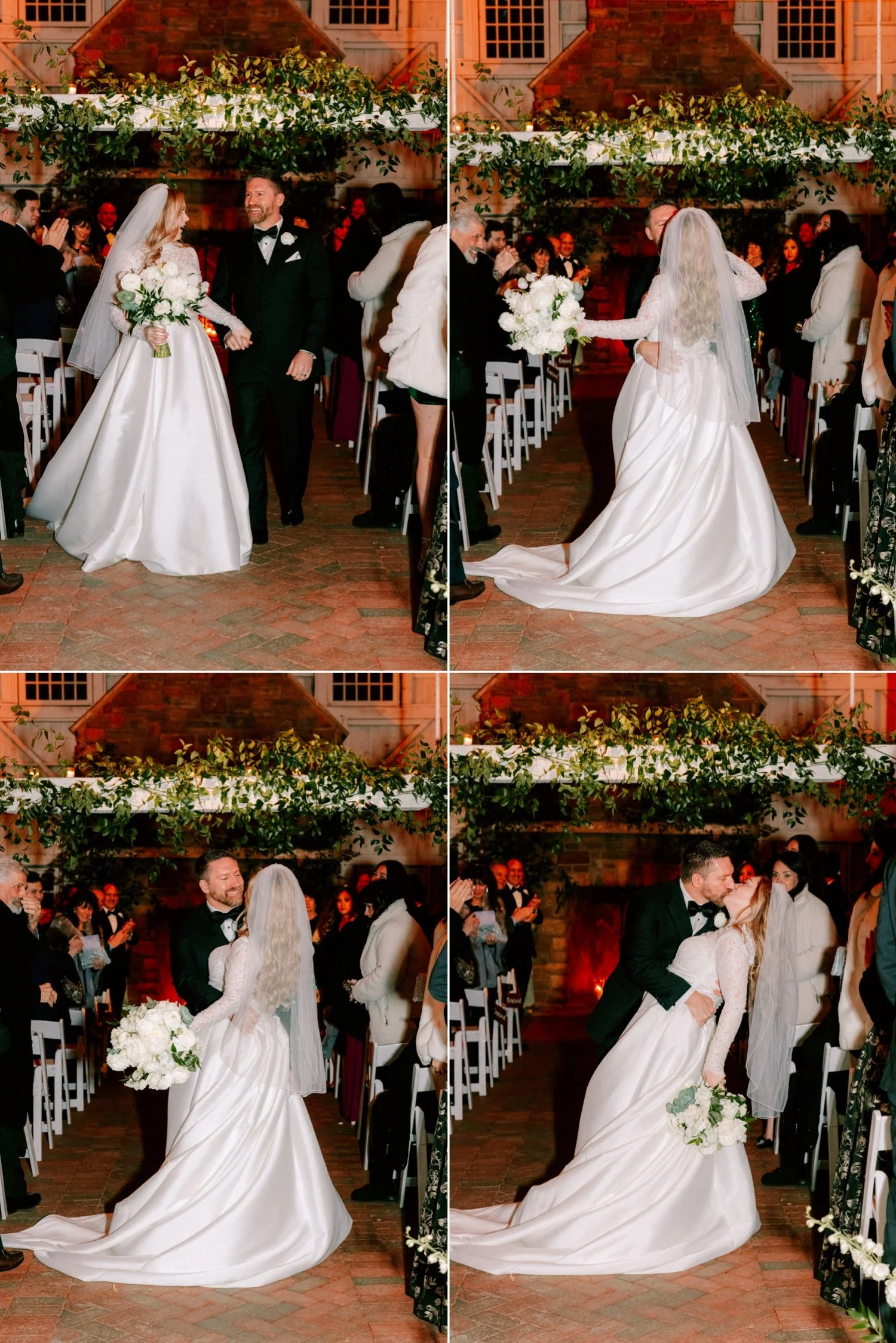groom dips bride in the middle of the aisle during their indoor winter wedding ceremony at the ashford estate