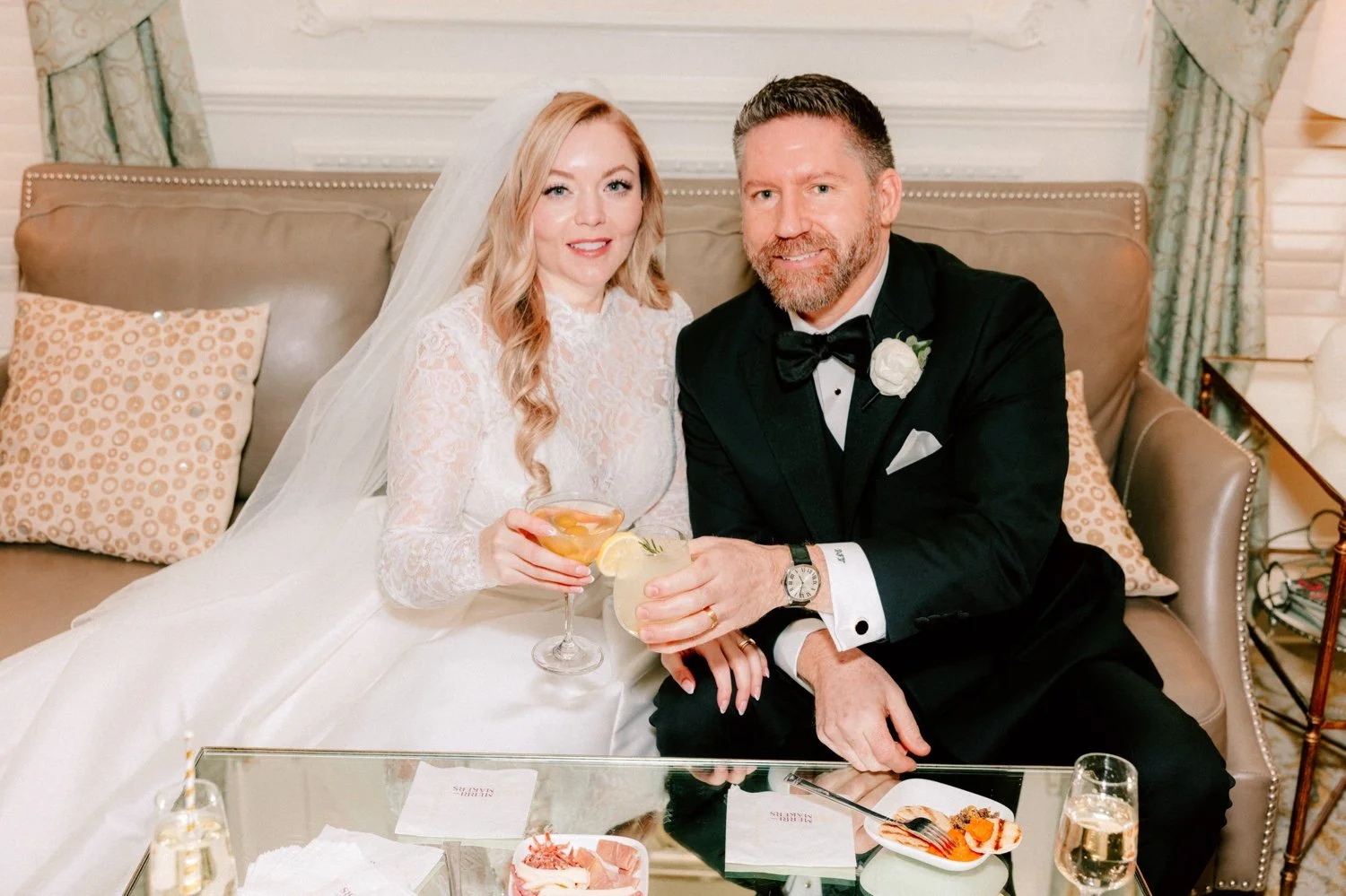 bride and groom share cocktails after their wedding ceremony at the ashford estate