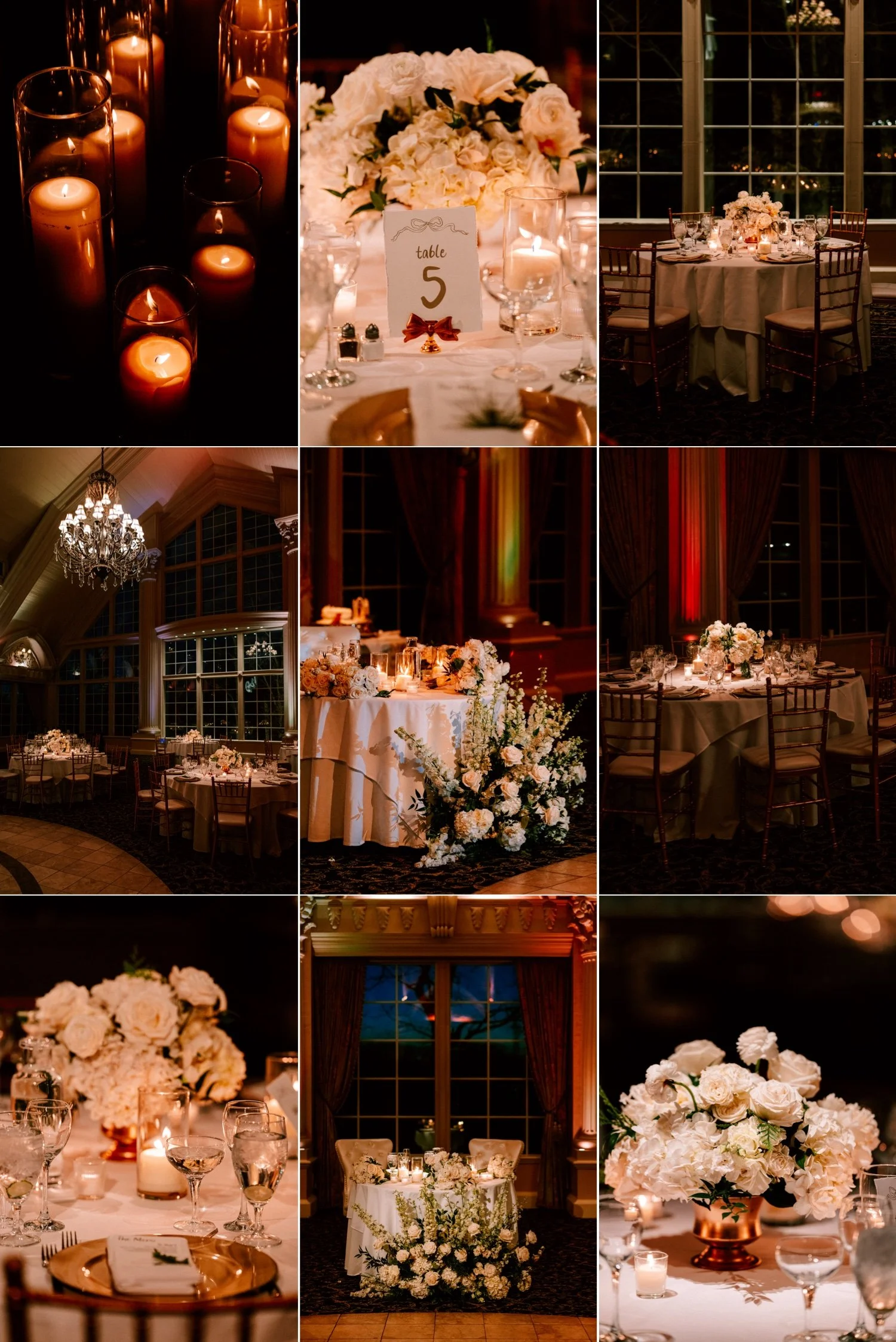 wedding reception flowers, candles, place settings, and uplighting at the ashford estate