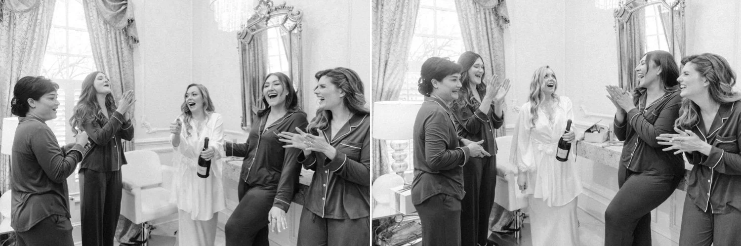 bride and bridesmaids laughing at toasting at the ashford estate