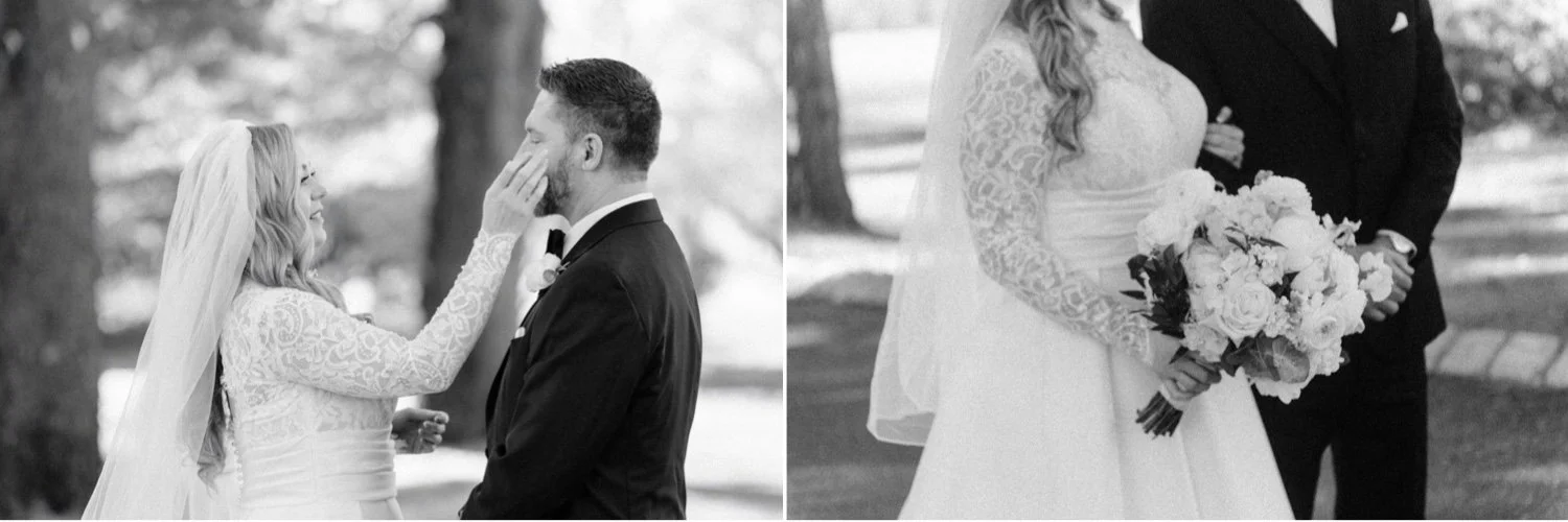 black and white photographs of wedding couple during their first look at the ashford estate