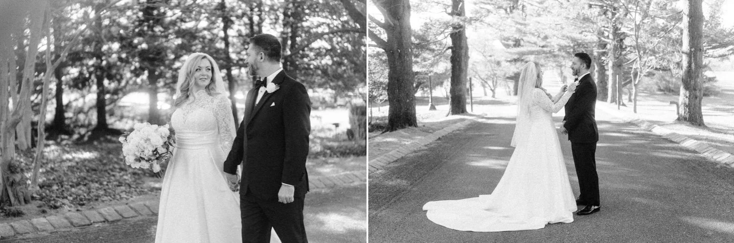 wedding couple in the tree lined driveway of the ashford estate