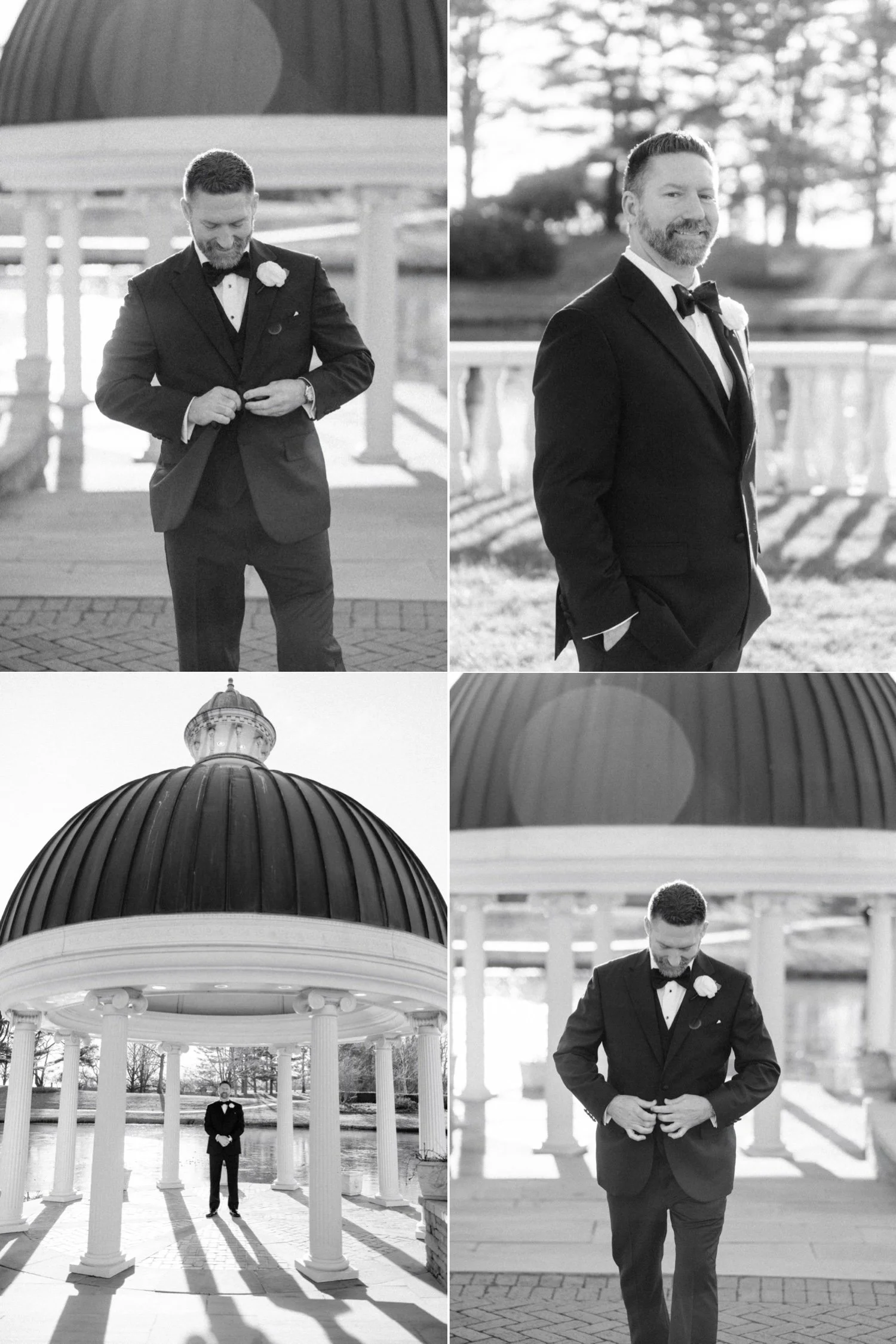 timeless black and white photograph of groom in front of gazebo