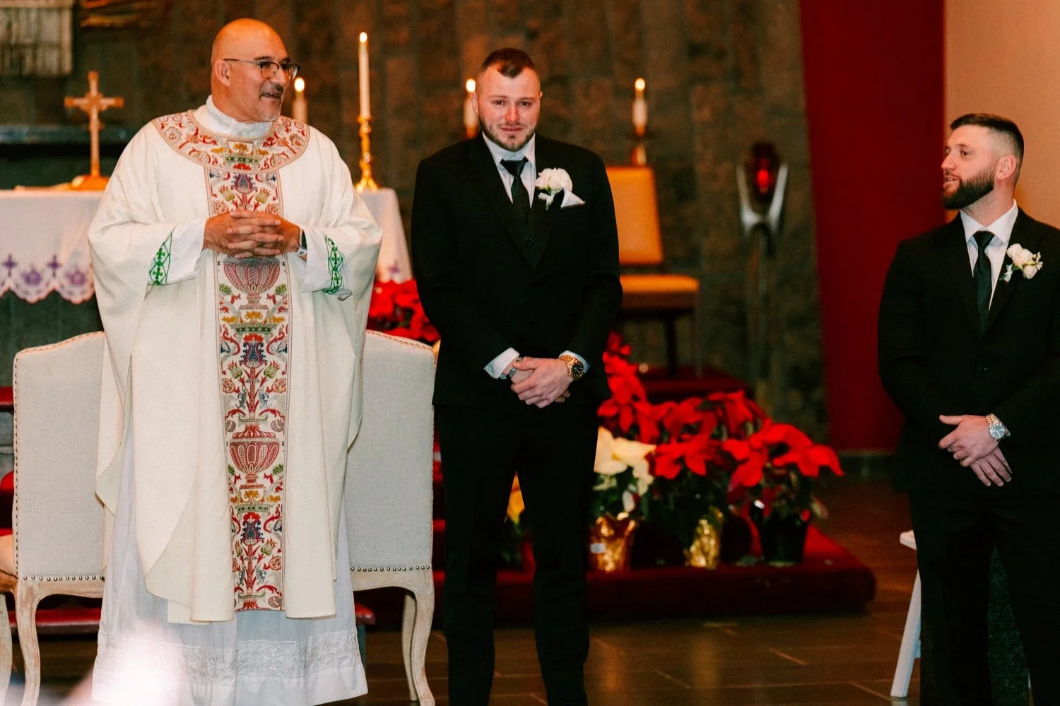  groom cries as bride is walking down the aisle for their wedding ceremony in Newburgh 