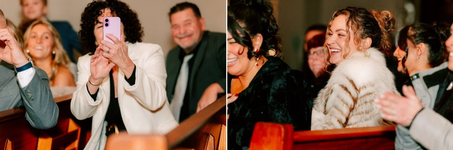  guests photograph bride walking down the aisle on their phones in newburgh ny 