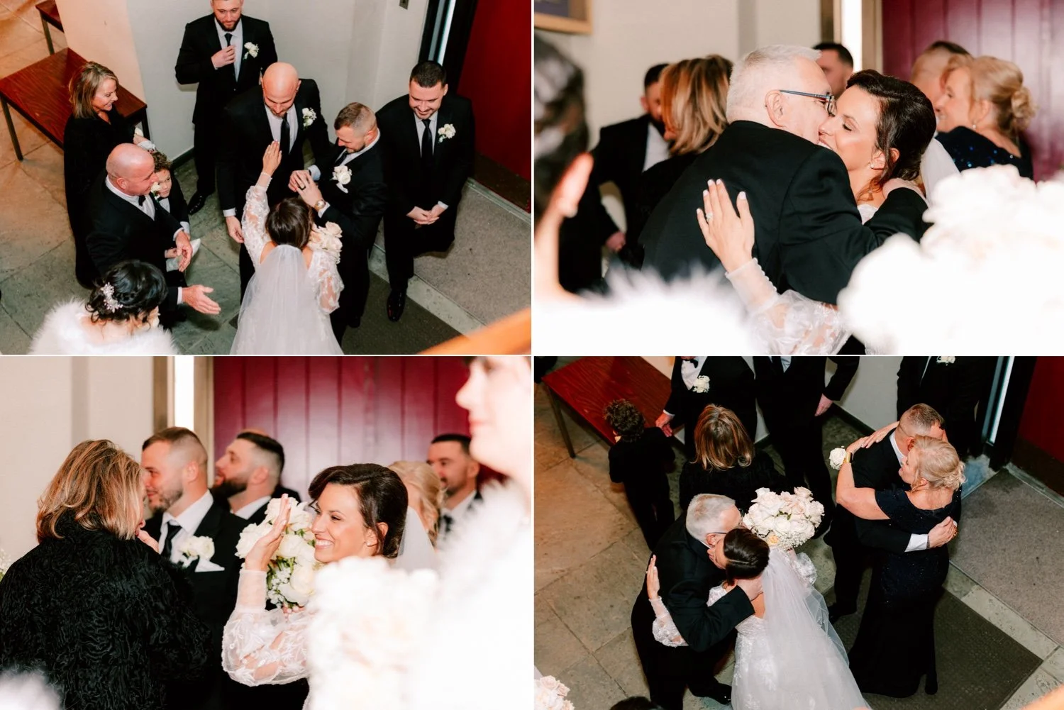  family and friends hug bride and groom after their wedding ceremony in Newburgh NY church 