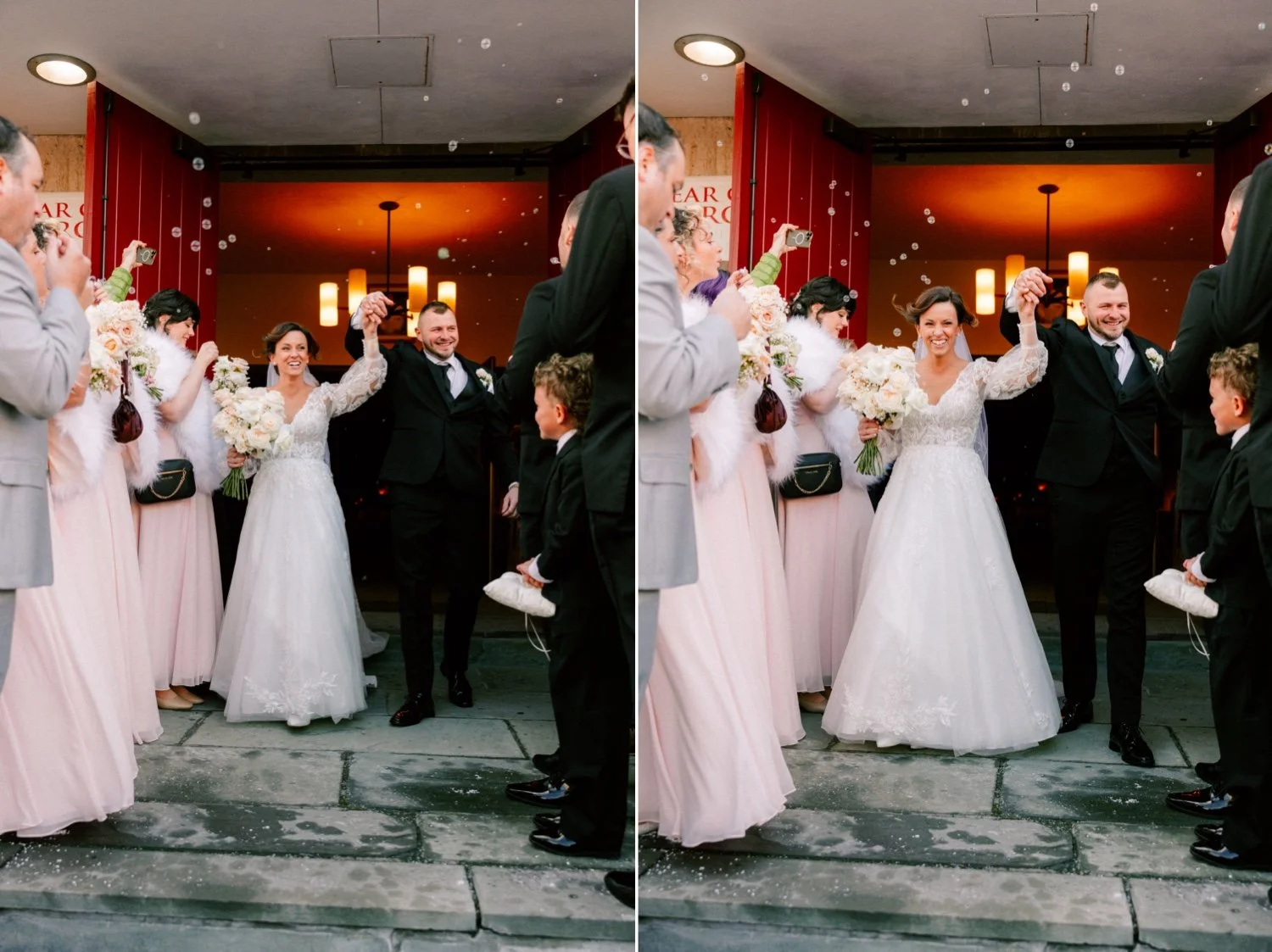  wedding couple walk through bubbles during their church exit in newburgh ny 