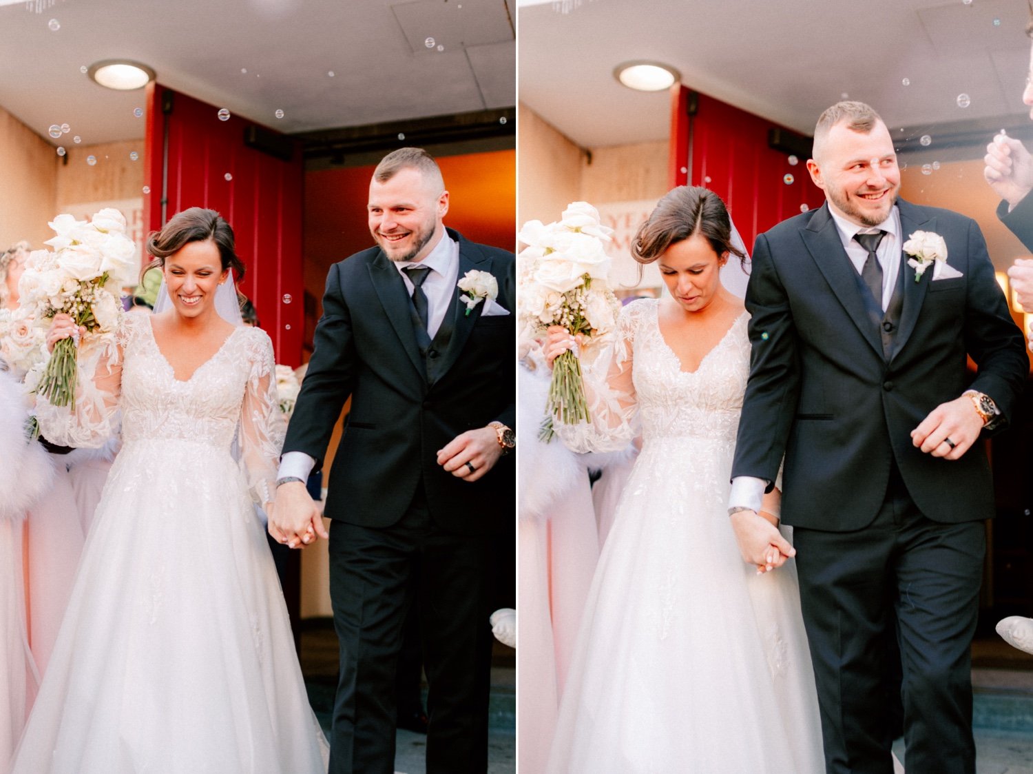  wedding couple walk through bubbles during their church exit in newburgh ny 