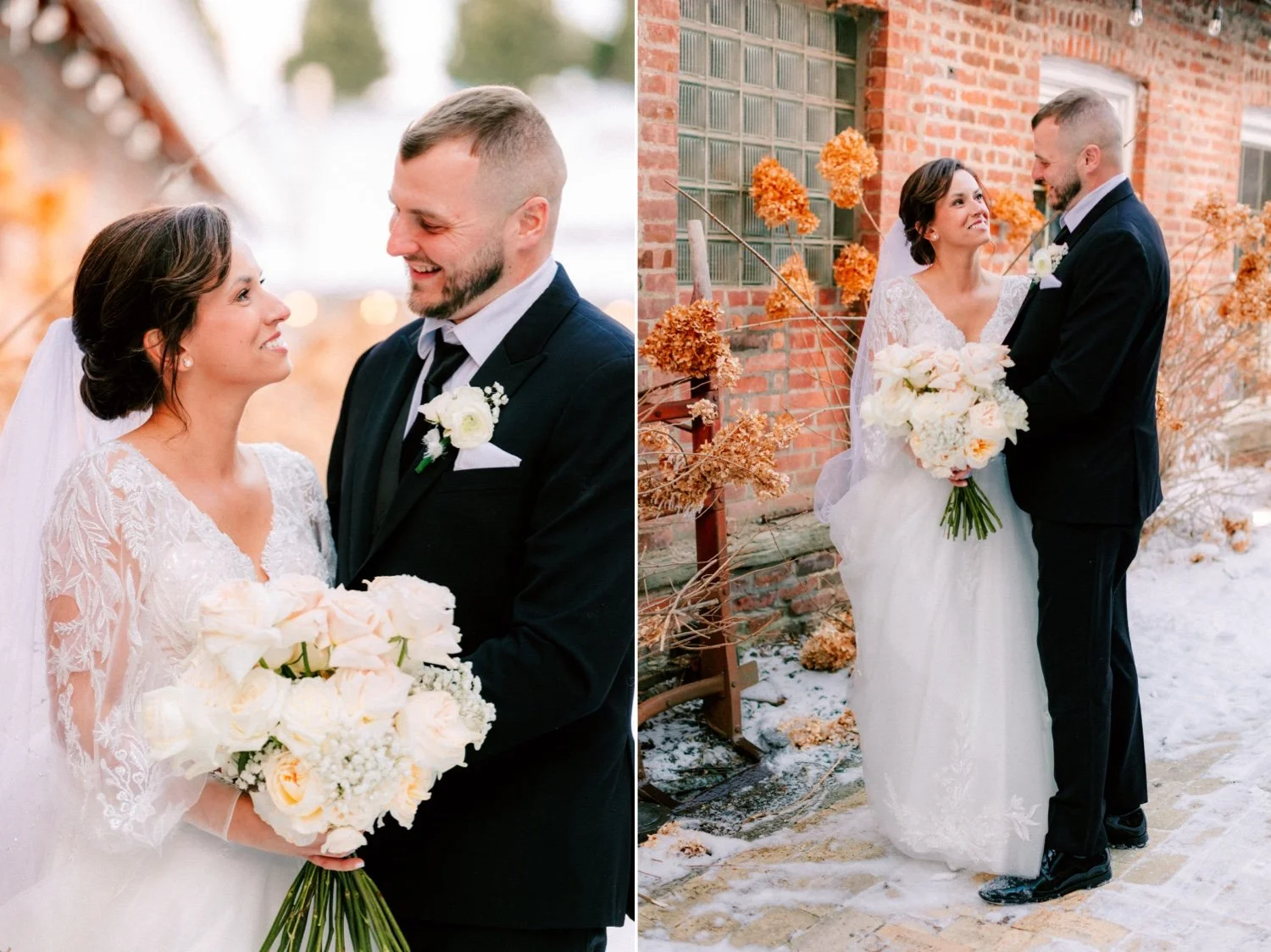  winter wedding couple pose for photos in the snow outside City Winery Hudson Valley 