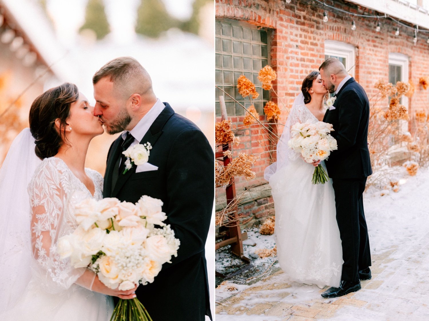  winter wedding couple pose for photos in the snow outside City Winery Hudson Valley 