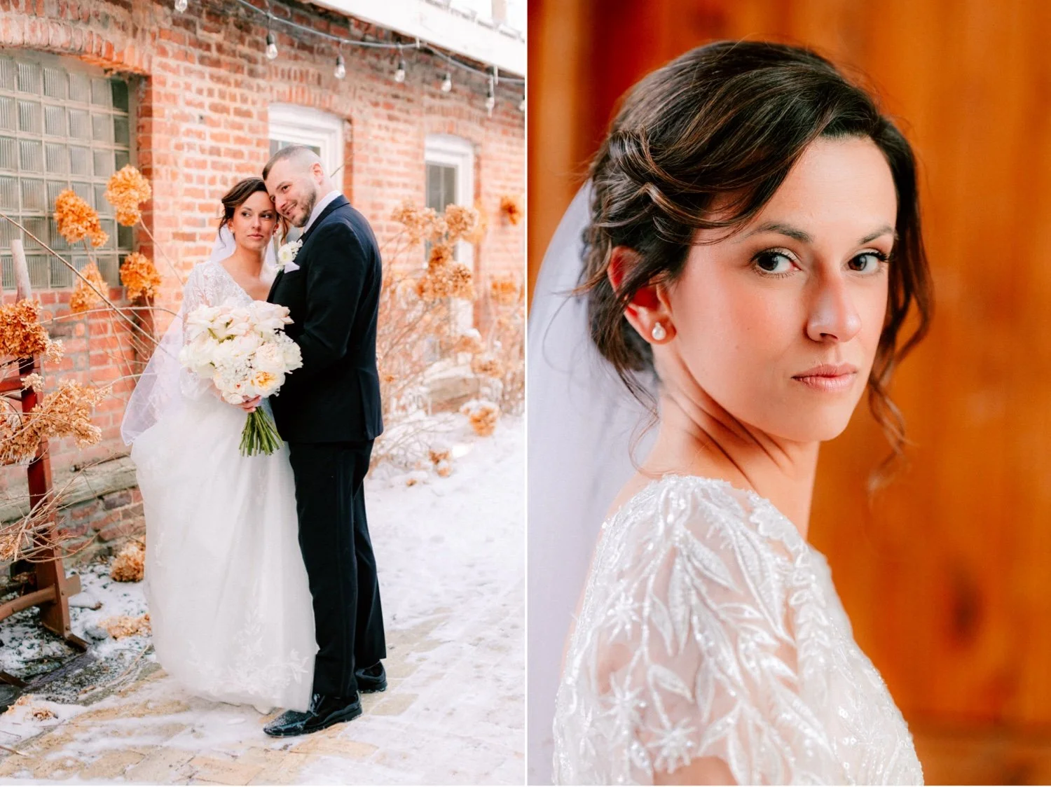  winter wedding couple and photo of bride at City Winery Hudson Valley 