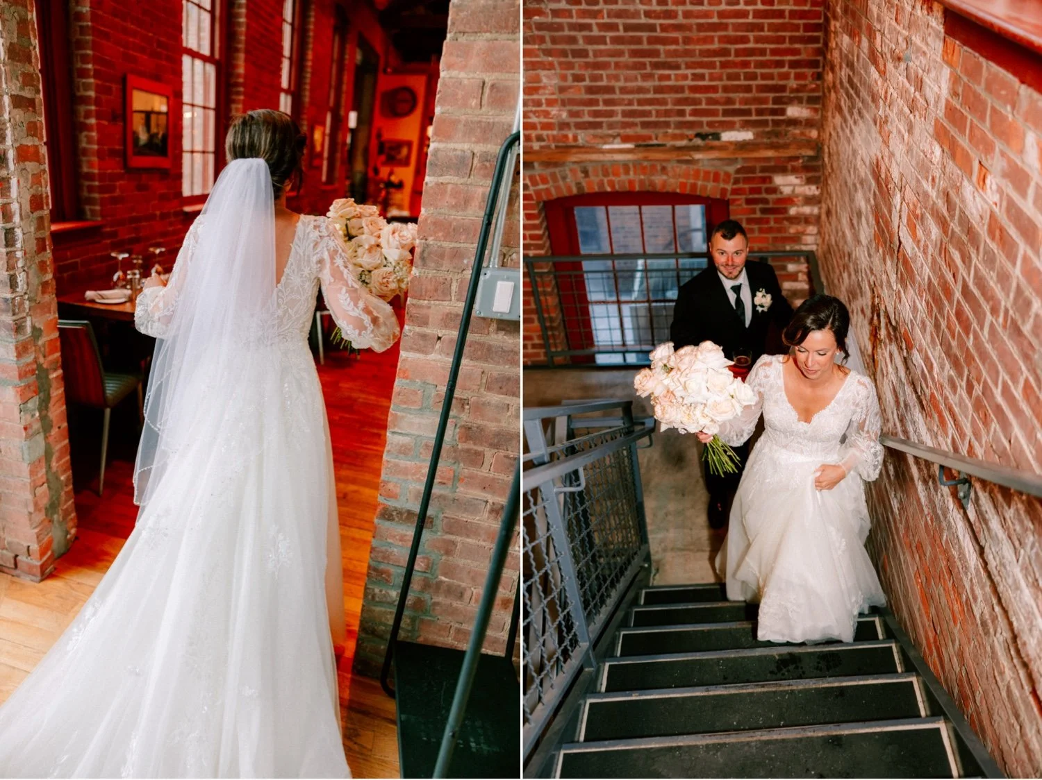  bride walking through city winery hudson valley on her winter wedding day 