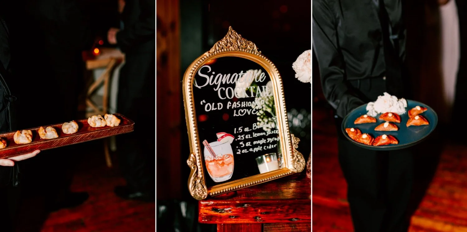 cocktail hour food and signature cocktail sign during winter wedding at city winery hudson valley  