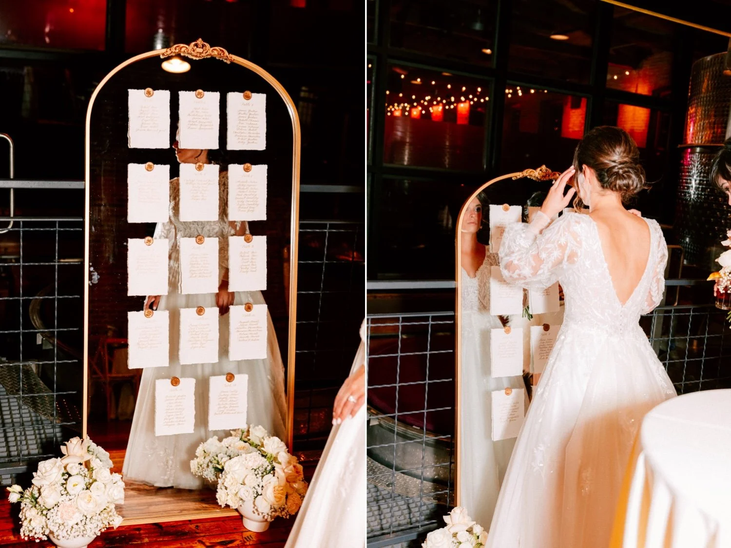  bride looking at her mirror seating chart at city winery hudson valley 
