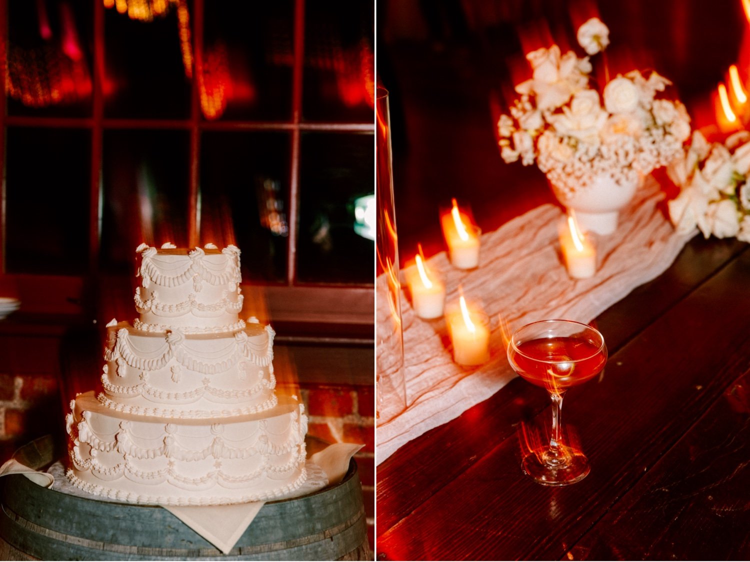  vintage wedding cake by the pastry garden, and signature cocktail for winter wedding reception at city winery hudson valley  