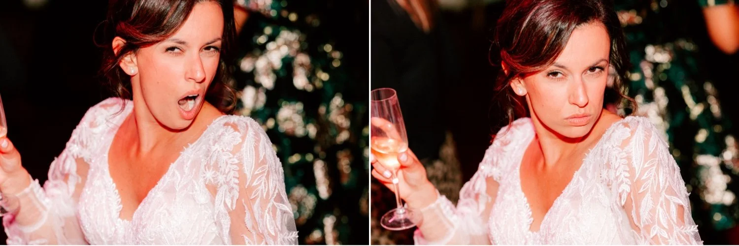  bride looking at camera holding glass of champagne 