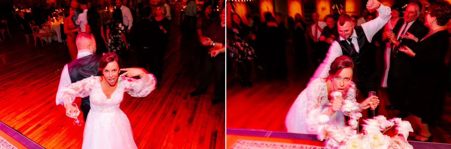  bride using flower from decor as microphone during wedding reception at city winery hudson valley 