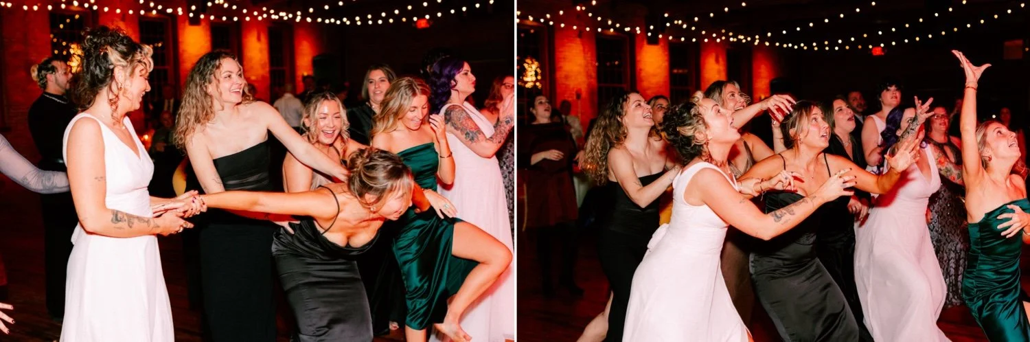  guests prepare to catch the bouquet during winter wedding reception at city winery hudson valley 