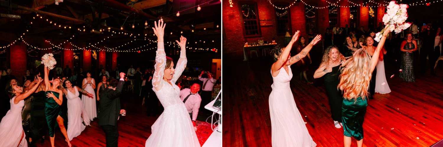  bride throws bouquet during winter wedding reception at city winery hudson valley 
