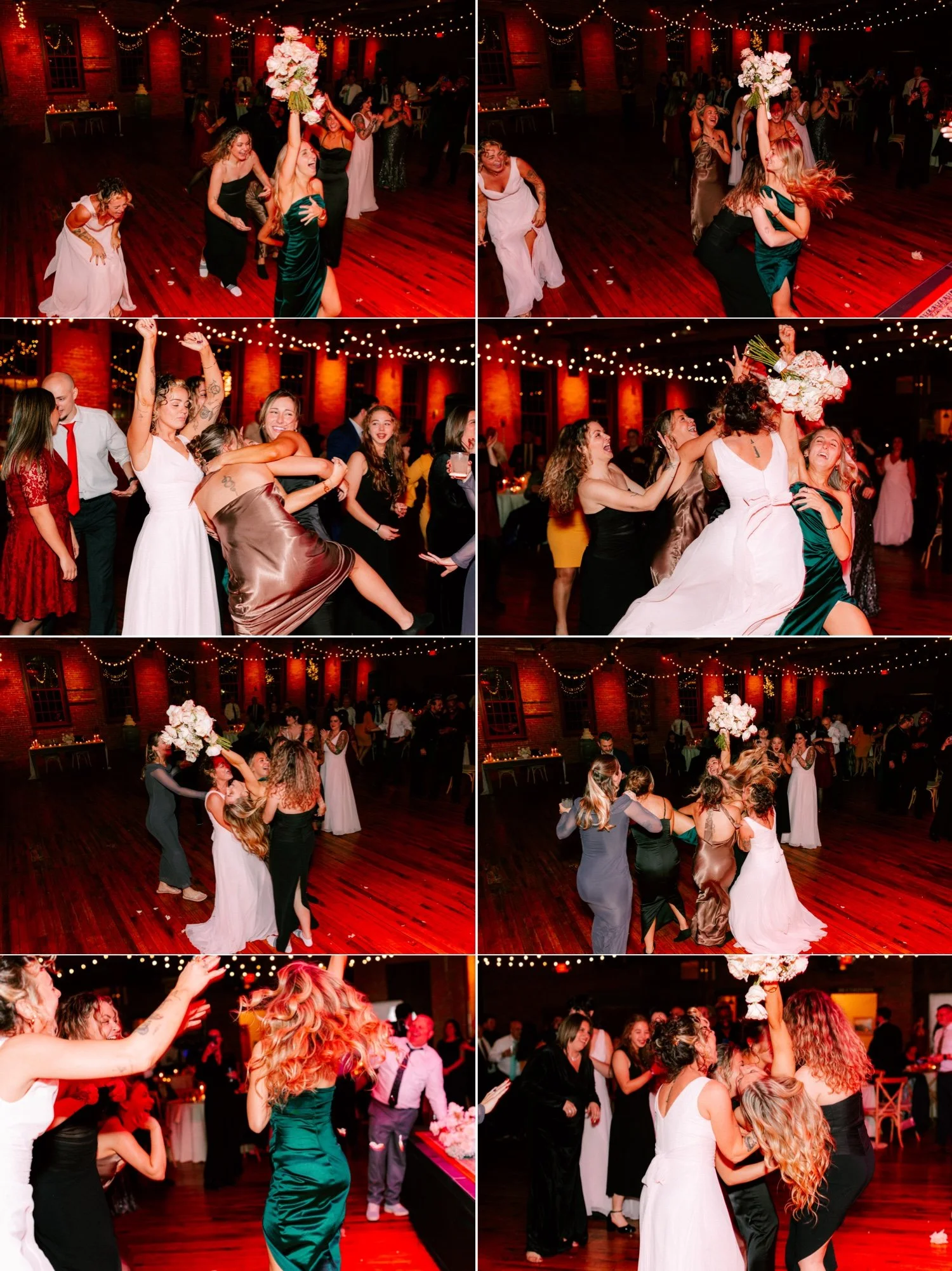 wedding guests celebrate and cheer on during chaotic and wild bouquet toss during winter wedding reception at city winery hudson valley 