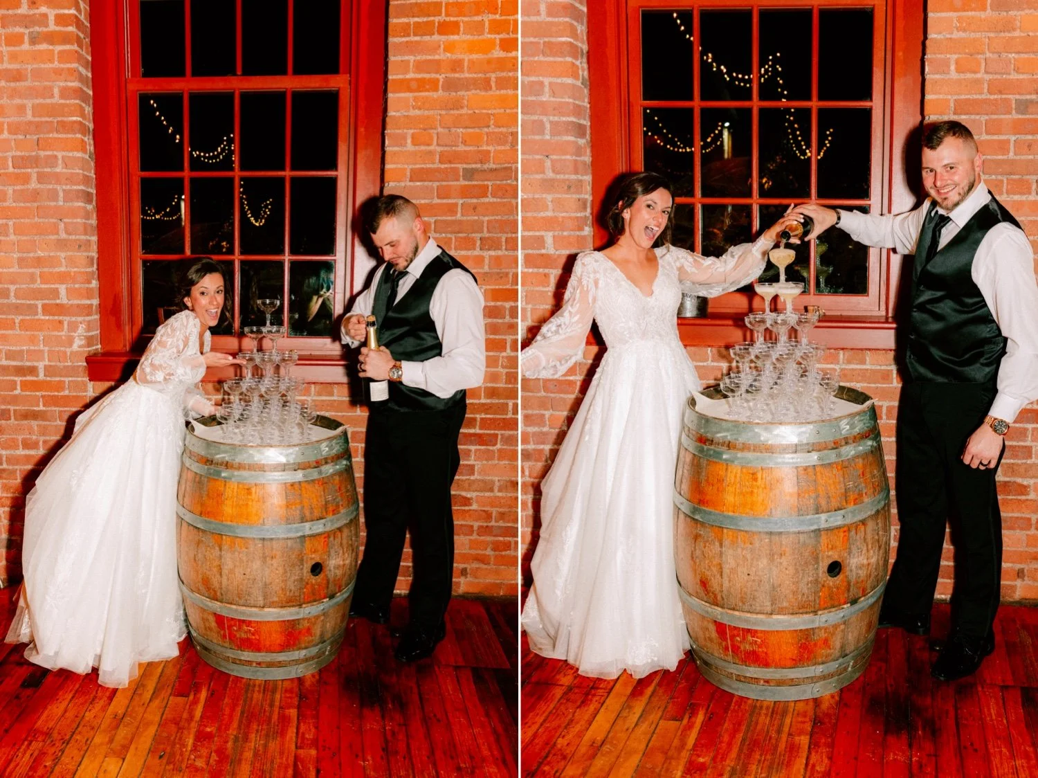  wedding couple pouring champagne over tower at city winery 
