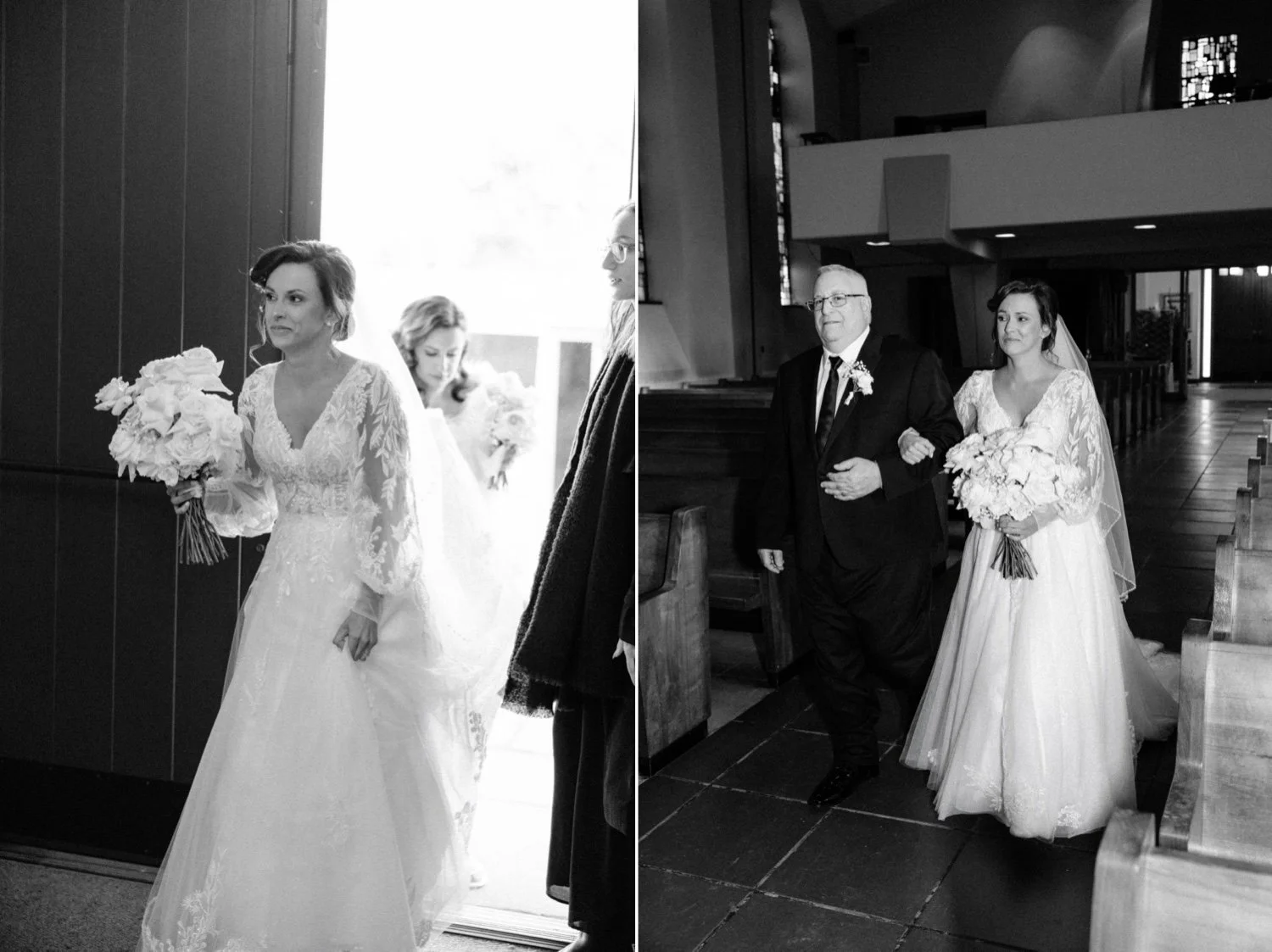  bride entering church and walking down aisle with her dad  