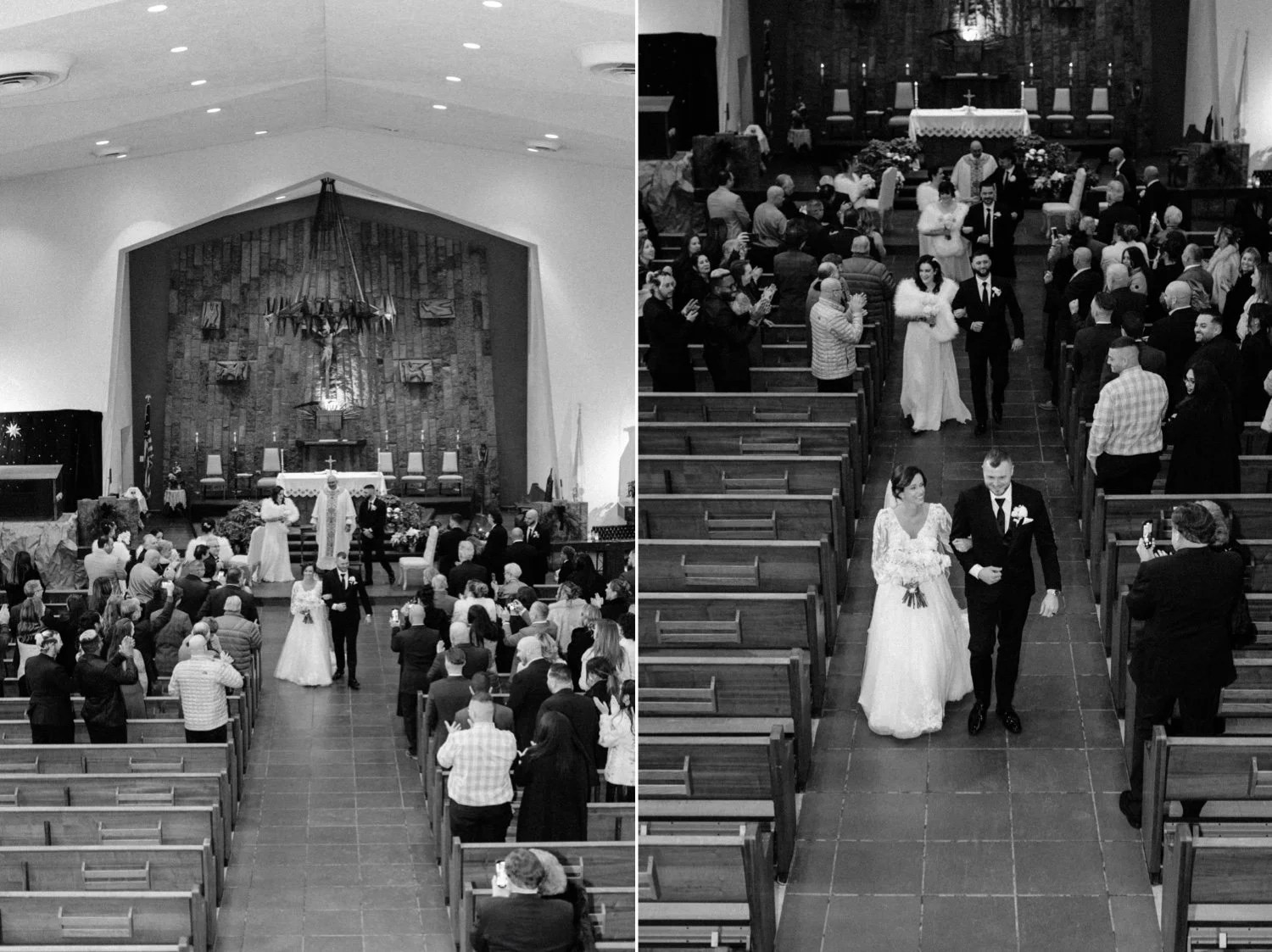  black and white photographs of wedding couples recessional in church  