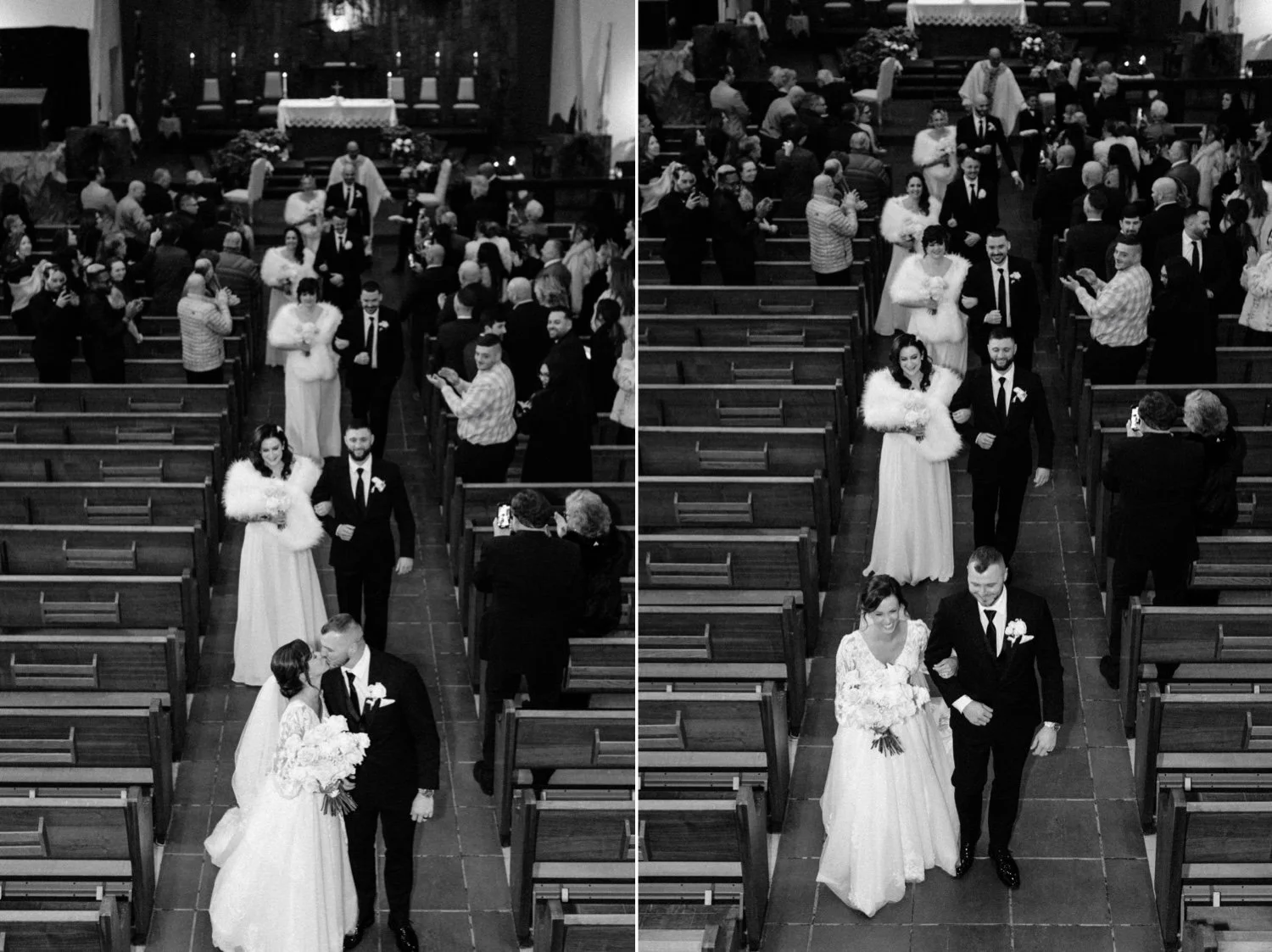  black and white photos of wedding couple during their recessional after their church ceremony in newburgh ny 