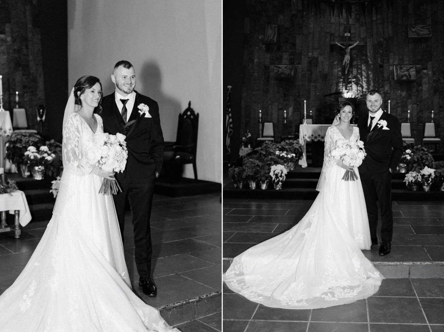  formal wedding photographs of bride and groom in church after their ceremony  