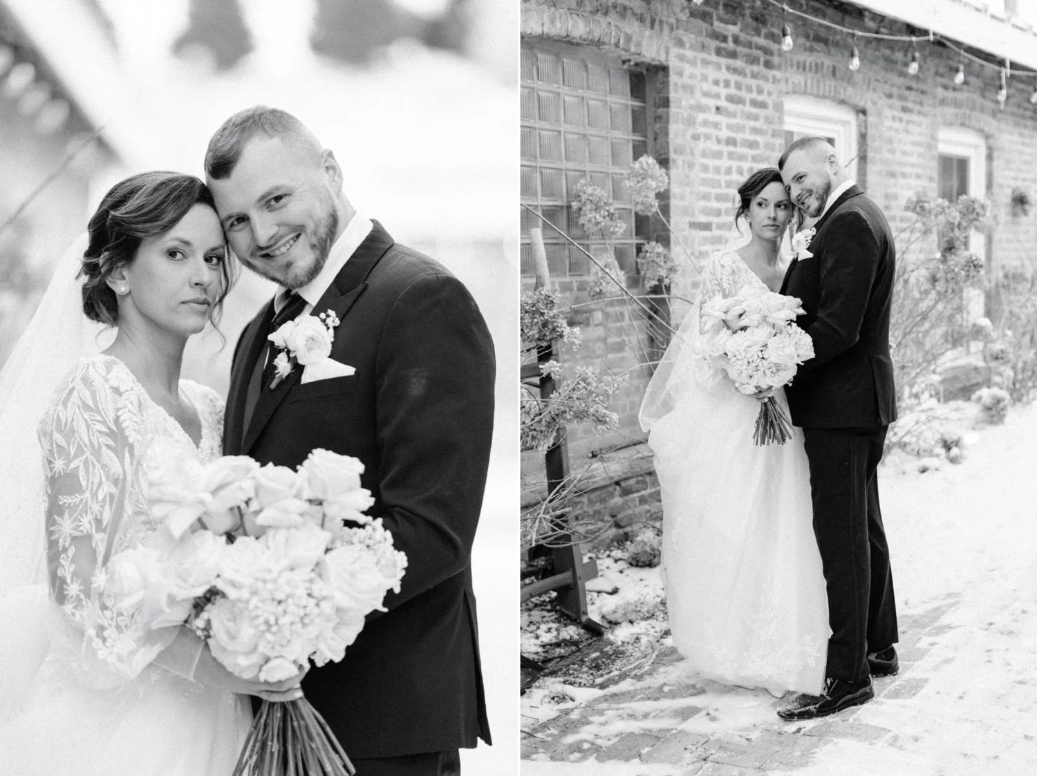  black and white photographs of wedding couple in the snow during their winter wedding at city winery hudson valley 