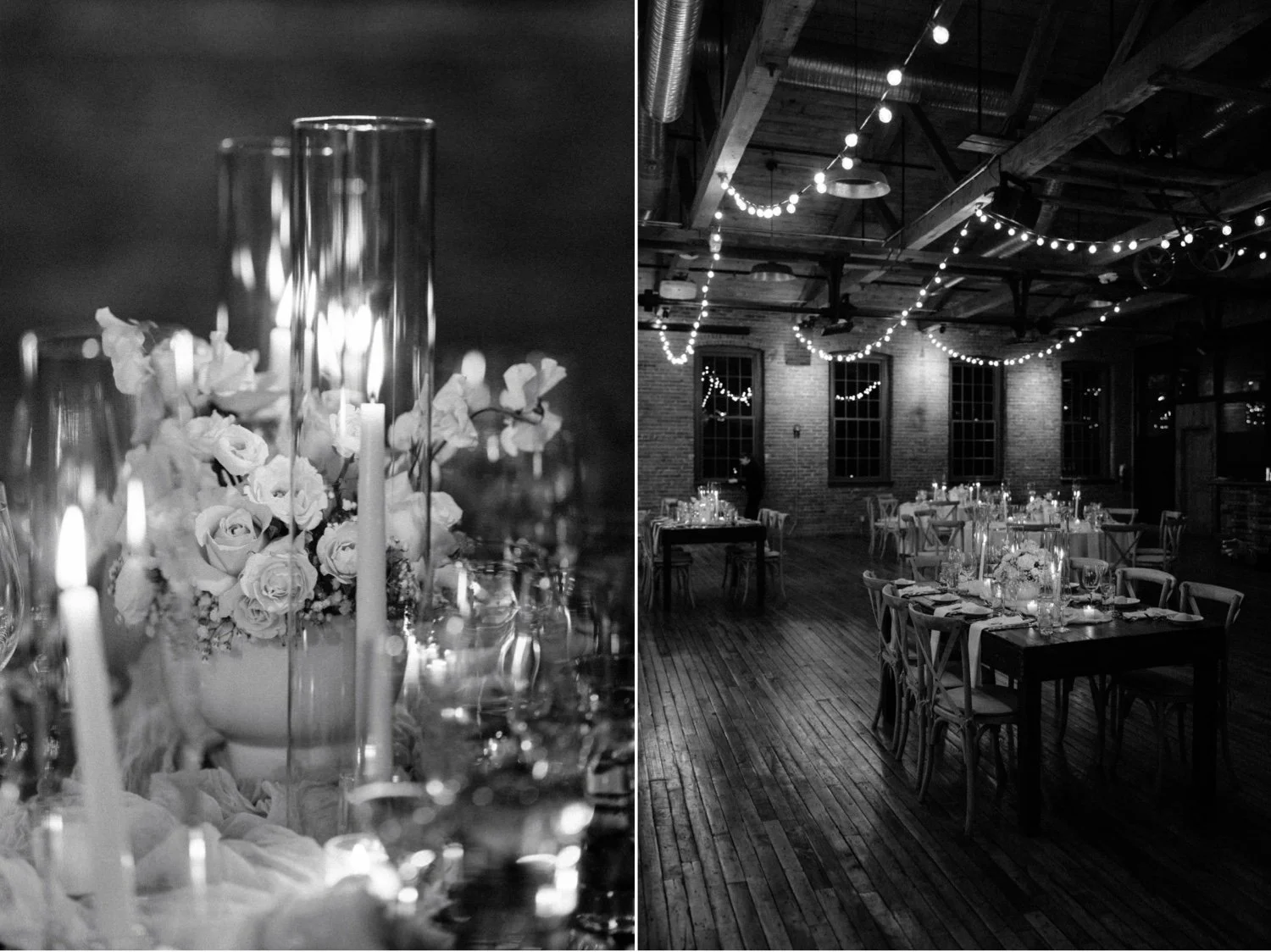  black and white photographs of reception space at city winery hudson valley with florals and planning by Wild Blooms Bridal 